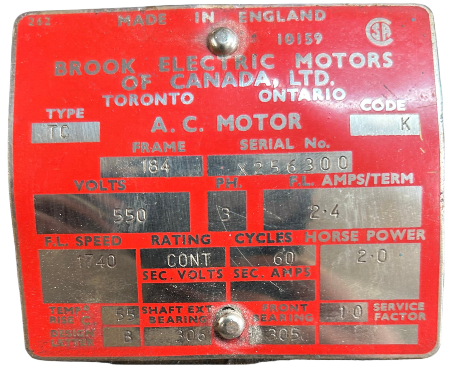 U280 - 2 HP 1740RPM 550V Brook Electric TEFC Motor