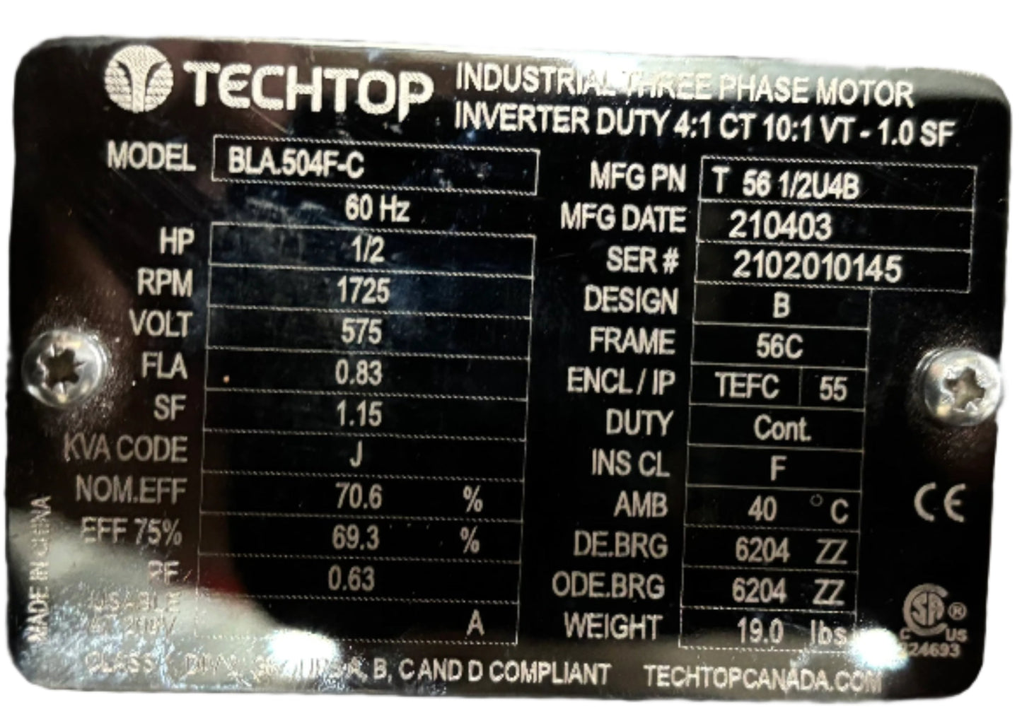 U221 - 1/2 HP 1725RPM 575V TechTop TEFC