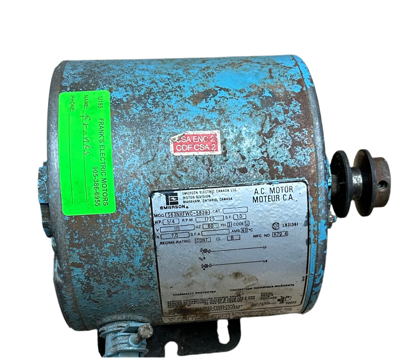 U185 - 1/4 HP 1725RPM 115V Emerson