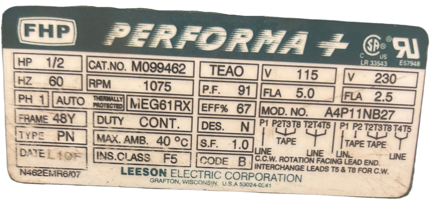 U261 - 1/2 HP 1075RPM 115/230V Leeson TEAO