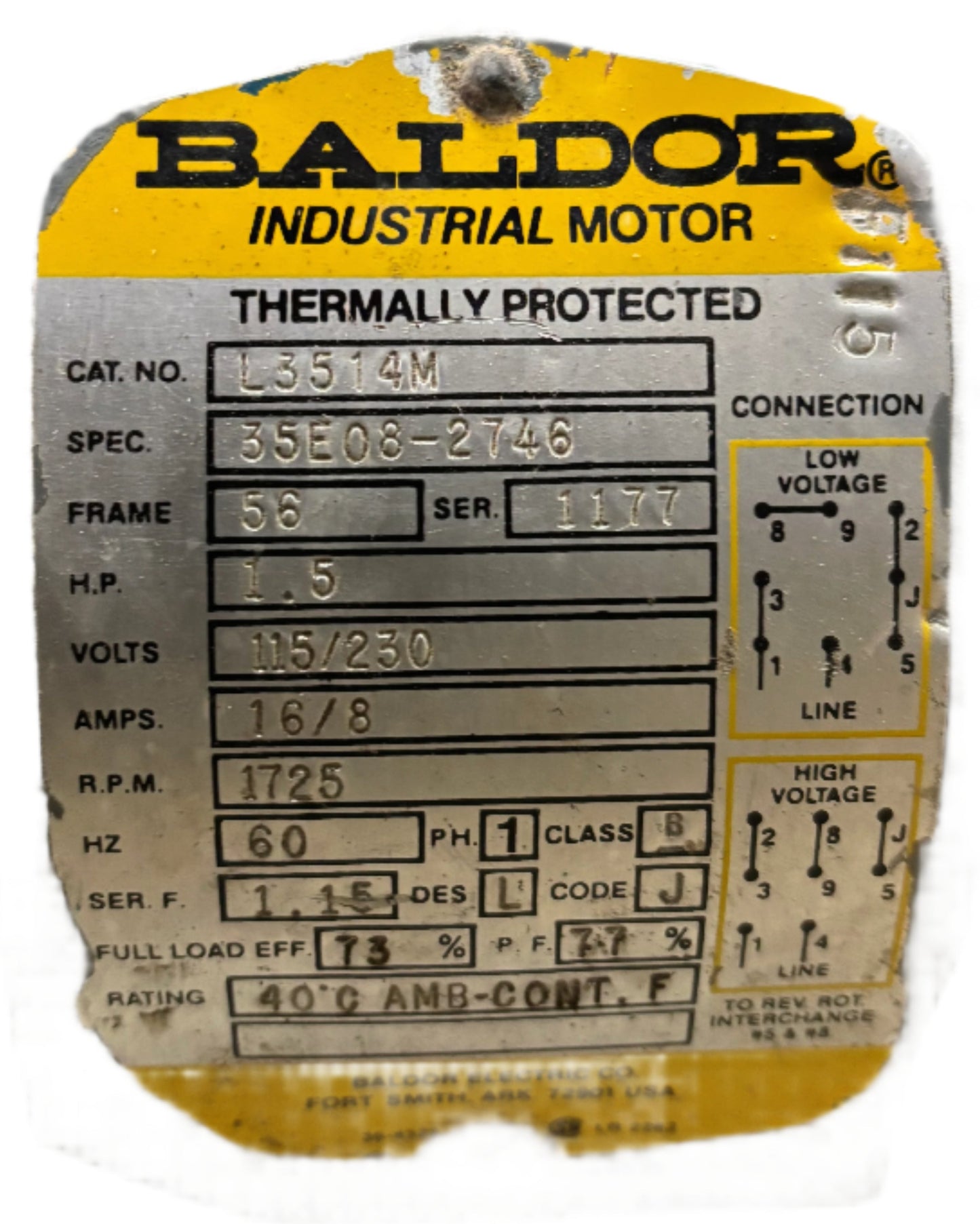 U144 - 1-1/2HP 1745RPM 115/230V Baldor TEFC