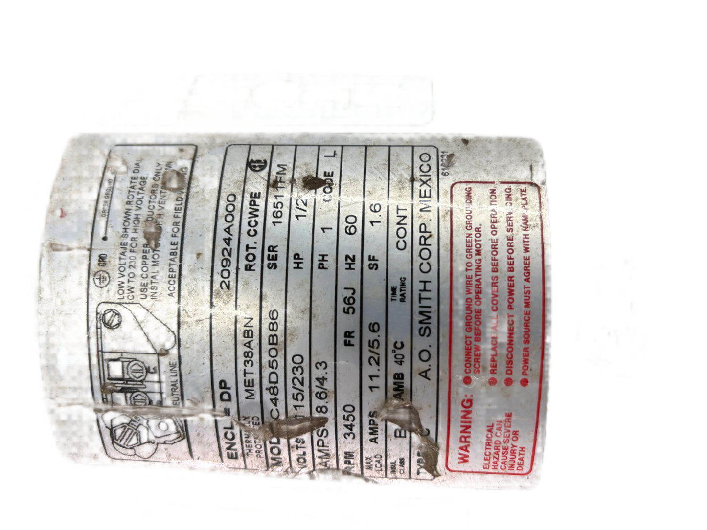 U14 - 1/2 HP 3450RPM 115/230V A. O. Smith ODP
