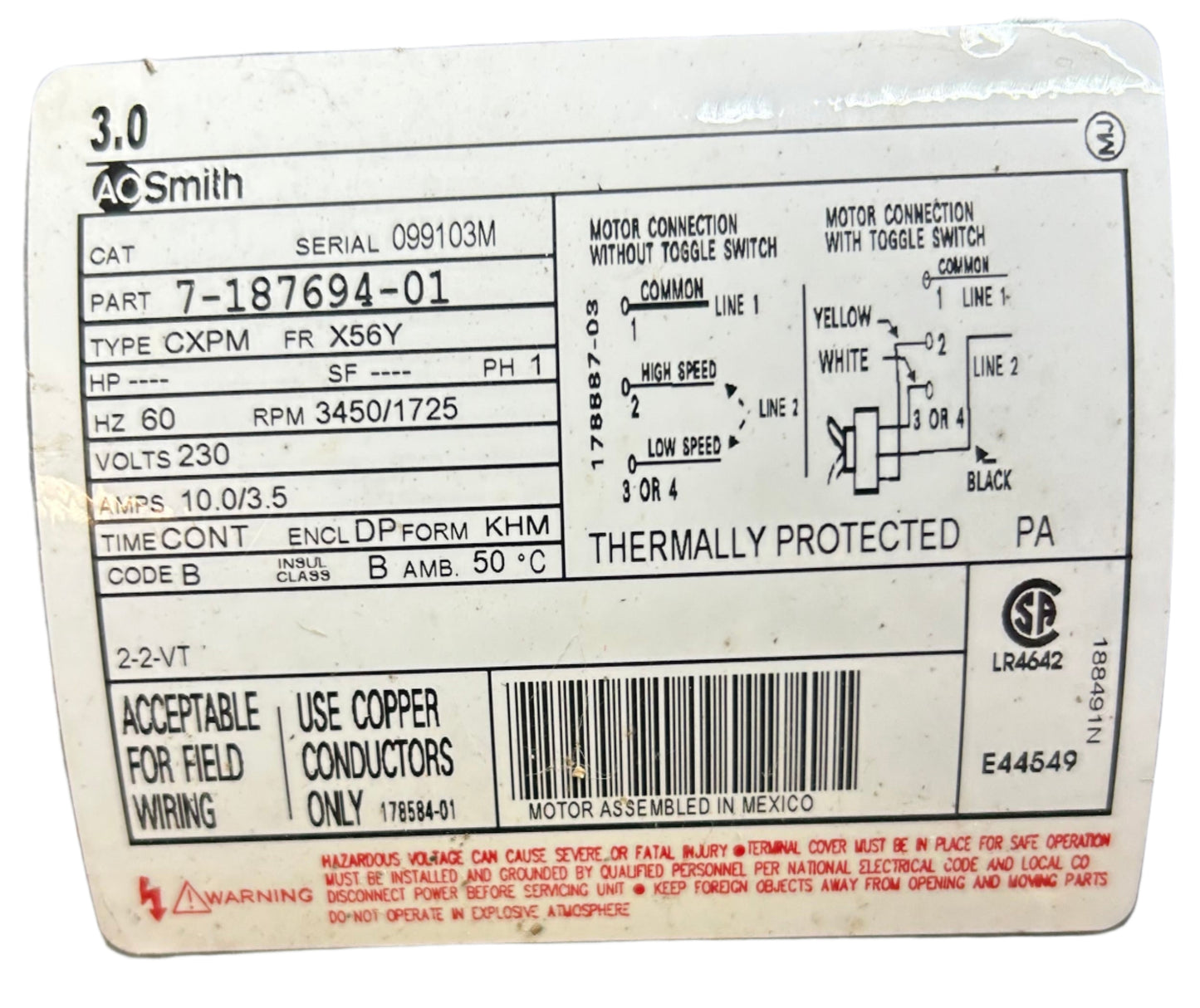 U___ - SPL HP 3450/1725RPM 230V A.O. Smith Pump