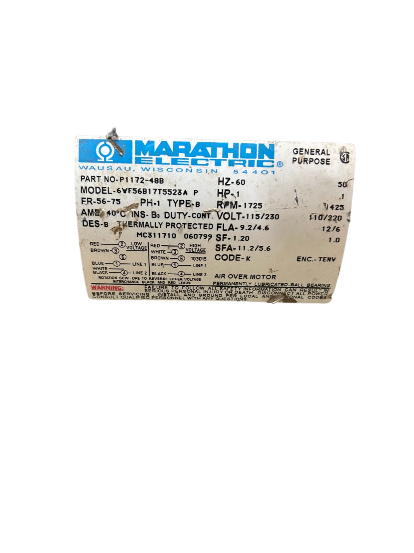 U5 - 1HP 1725RPM 115/230V Marathon TEFC