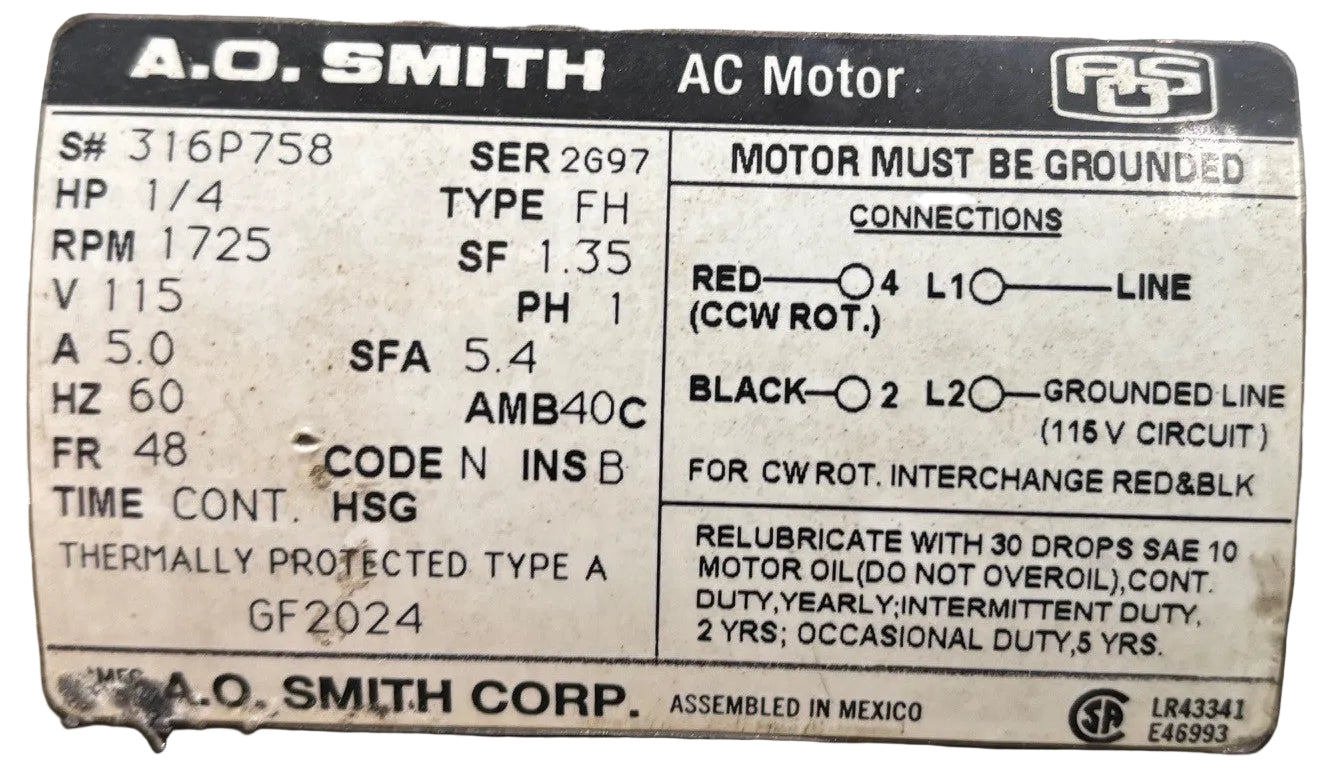 U355 - 1/4 HP 1725RPM 115V A.O. Smith Open Motor