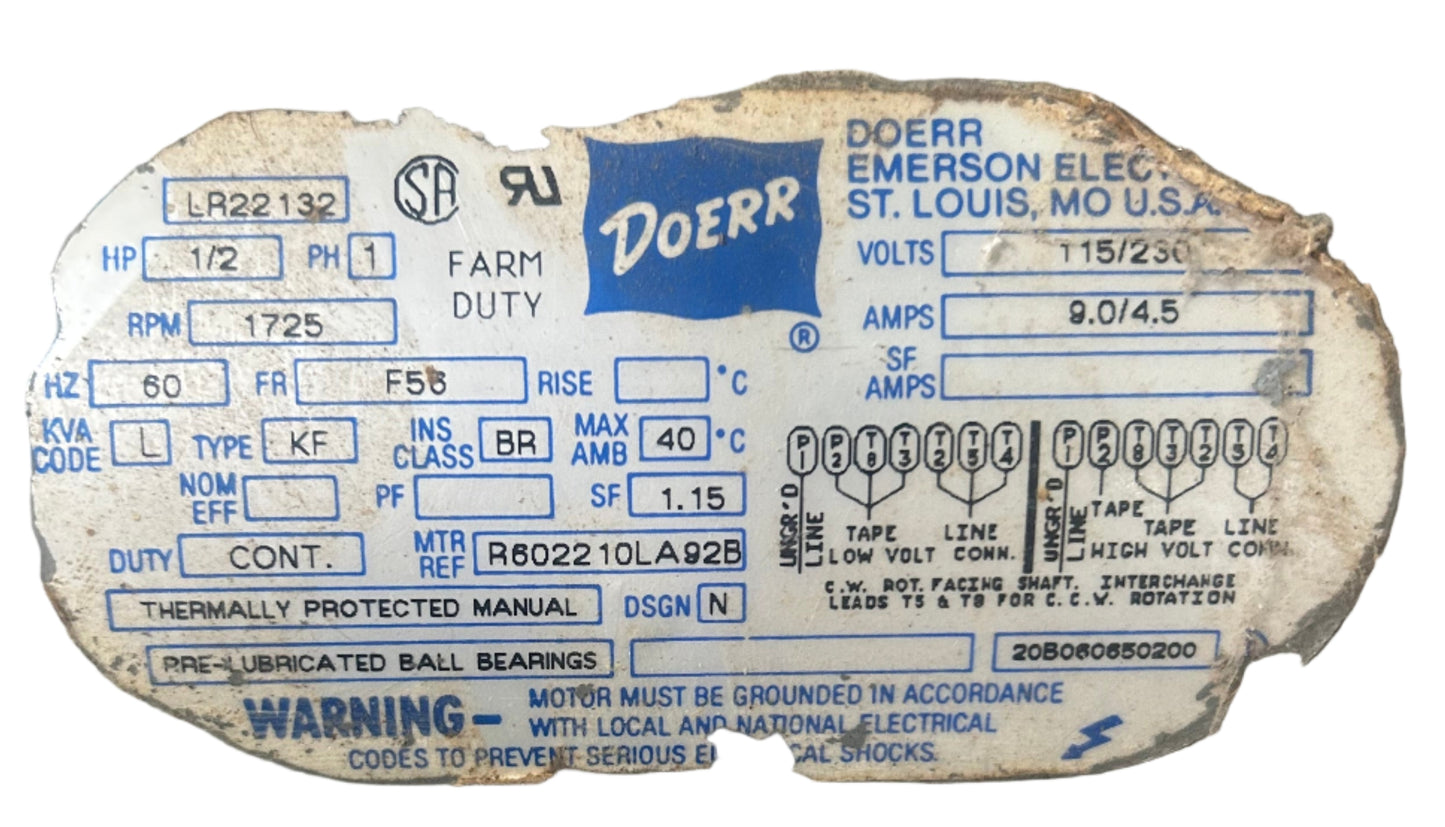 U324- 1/2 HP 1725RPM 115/230V Doerr TEFC