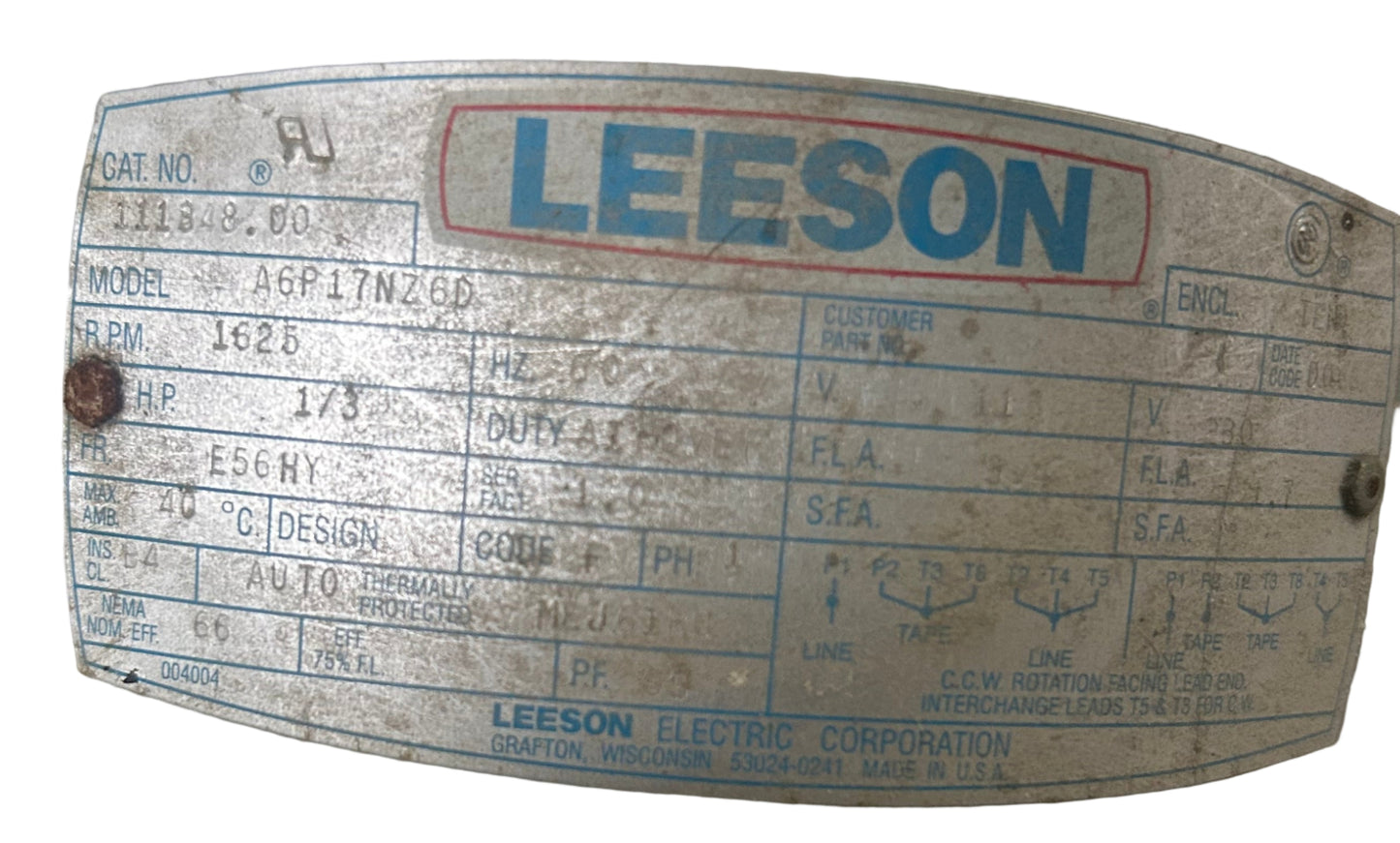 U320 - 1/3 HP 1625RPM 115/230V Leeson TEAO