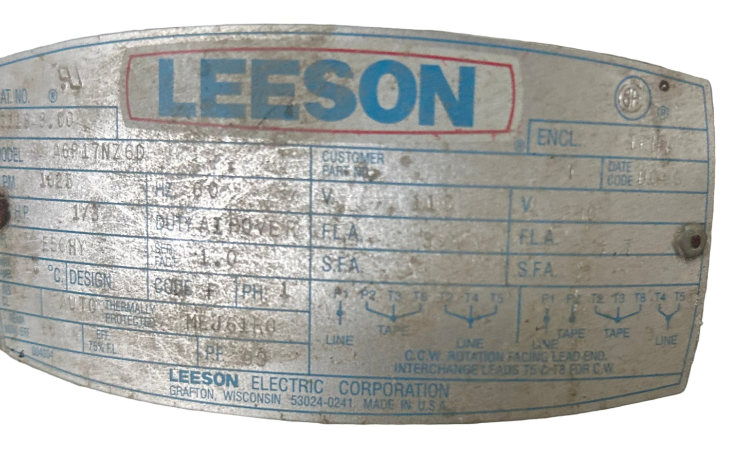 U320 - 1/3 HP 1625RPM 115/230V Leeson TEAO