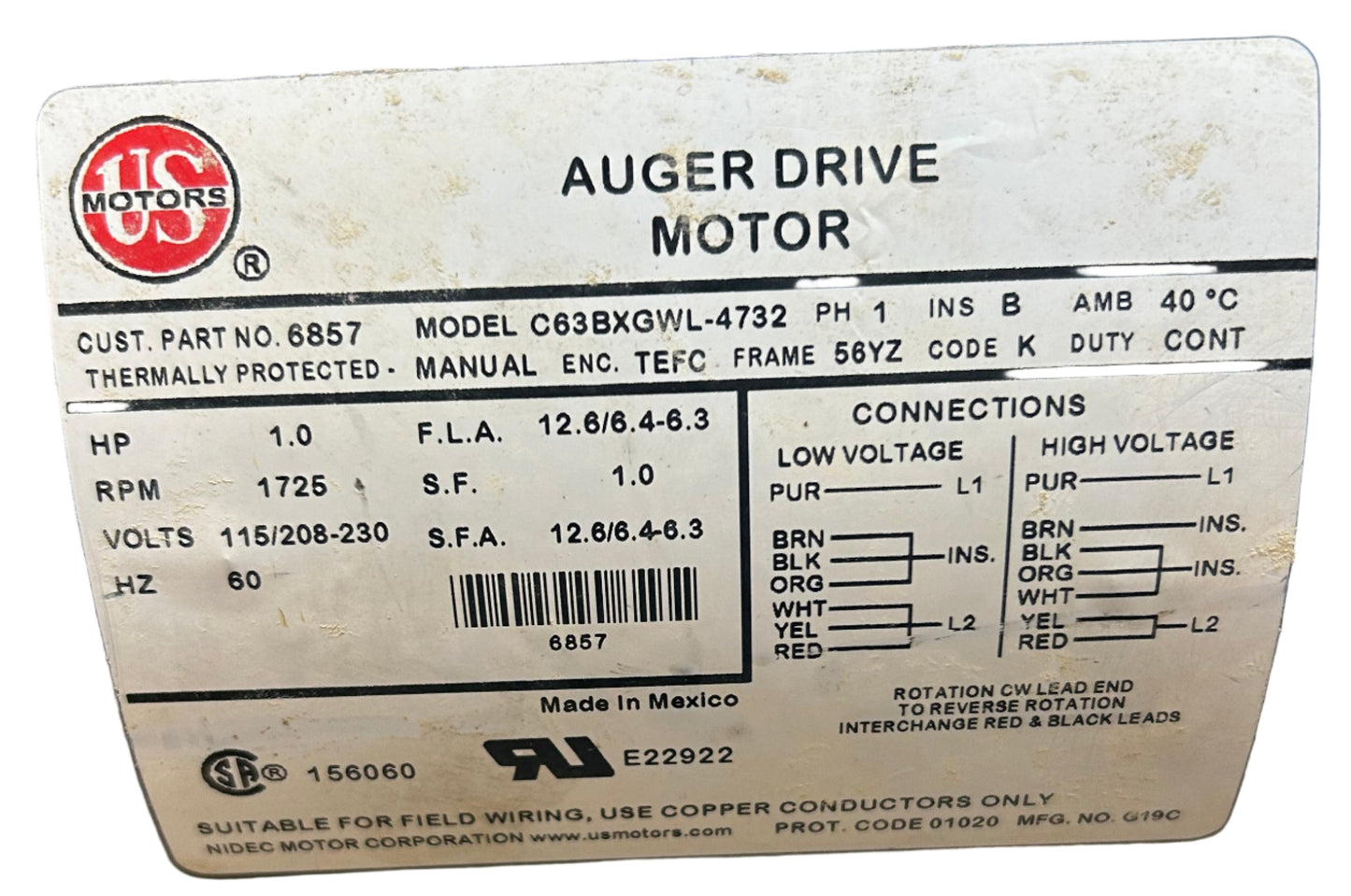 U101 - 1HP  115/208-230V Auger Drive Motor