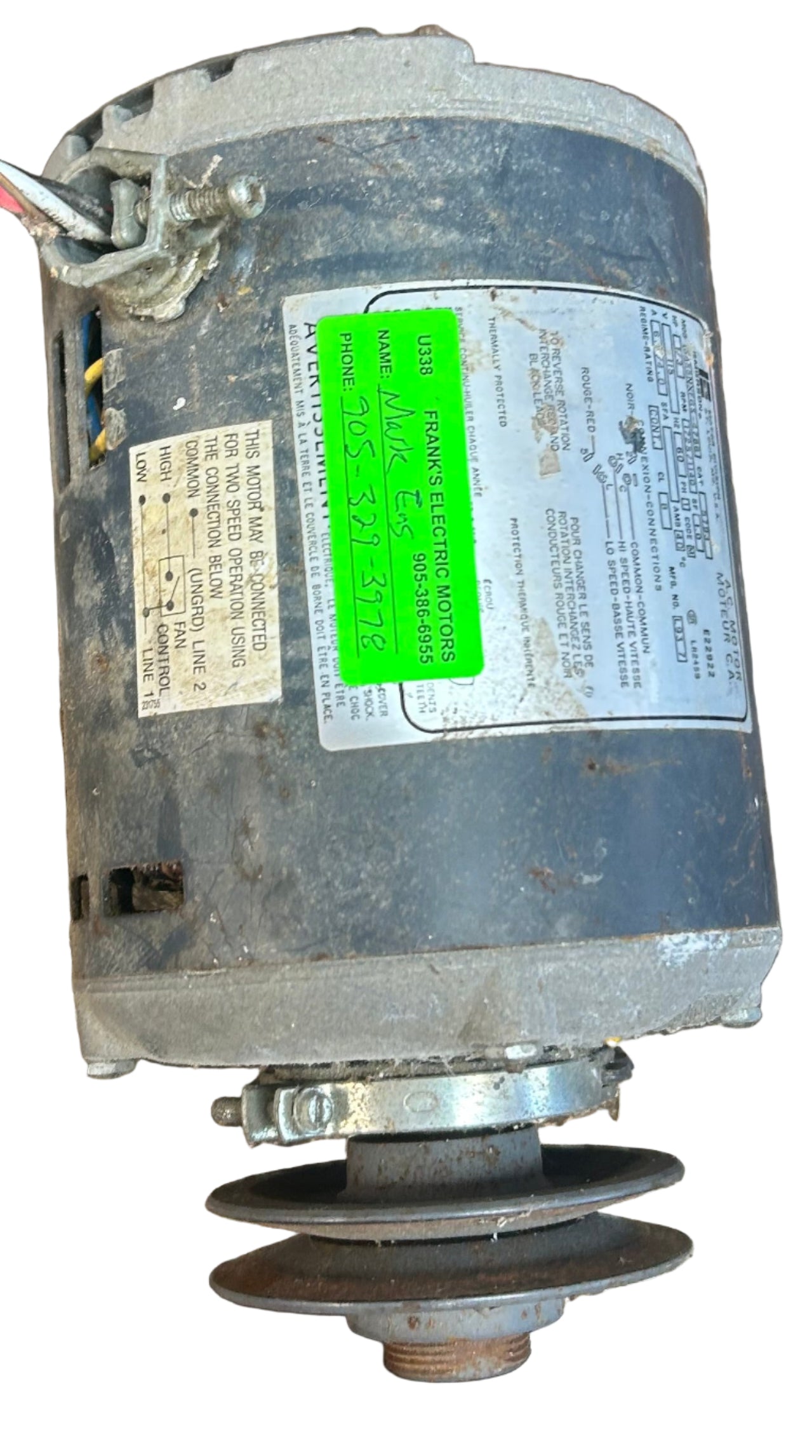 U338 - 1/3 HP 1725/1140RPM 115V Emerson Belted Fan Motor