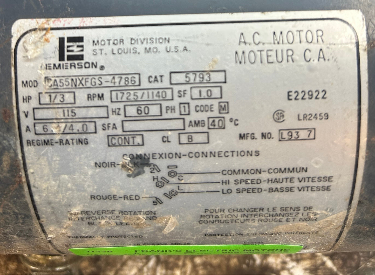 U338 - 1/3 HP 1725/1140RPM 115V Emerson Belted Fan Motor