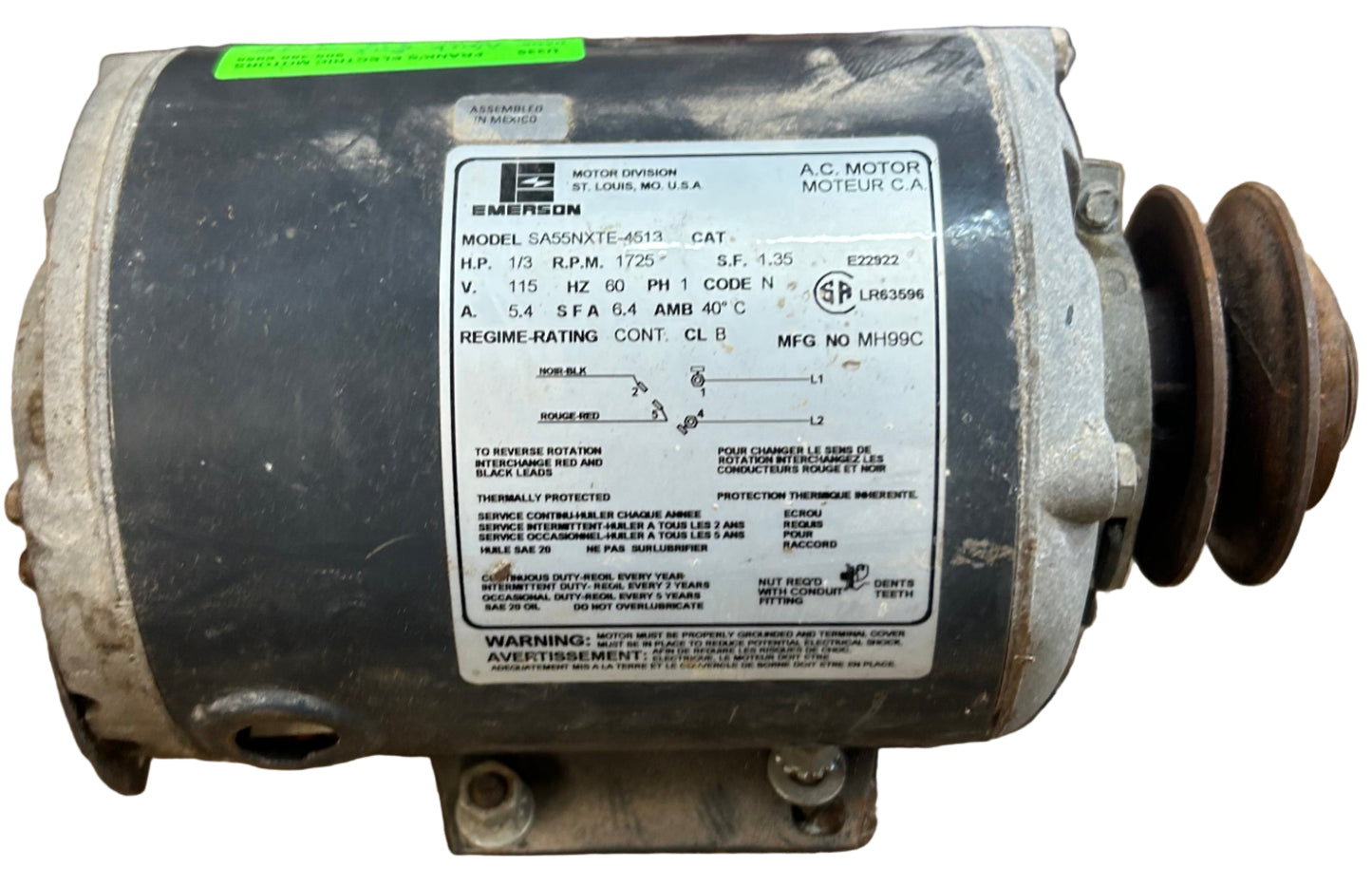 U335 - 1/3 HP 1725RPM 115V Emerson Belted Fan Motor