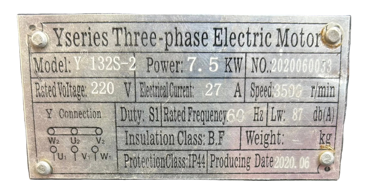 U356 - 7.5KW 220V  27AMPS 3600RPM Metric Motor