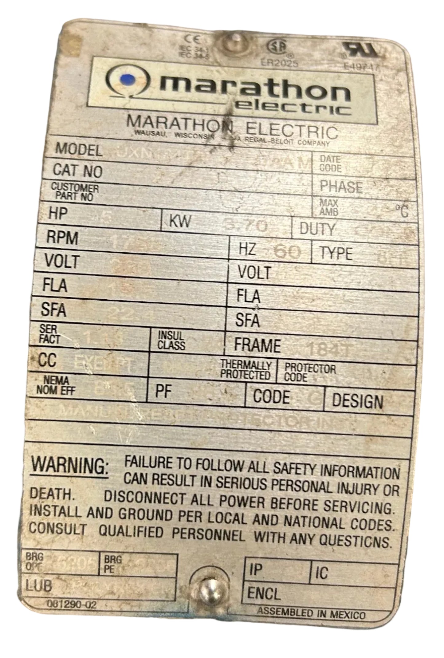 U361 - 5 HP 1755RPM 230V Marathon TEFC