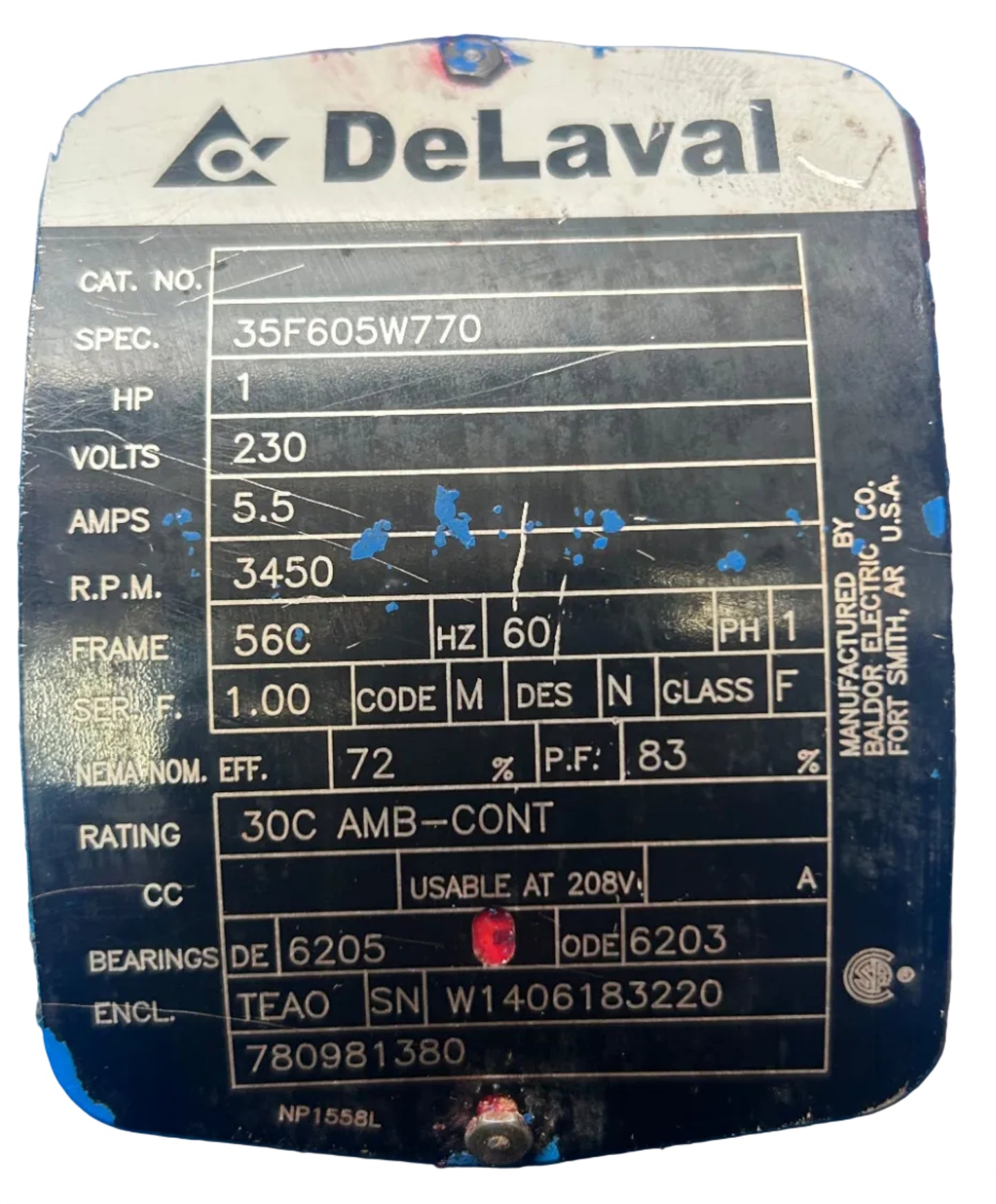 U386 - 1 HP 3450RPM 230V Baldor Milk Pump Motor TEAO