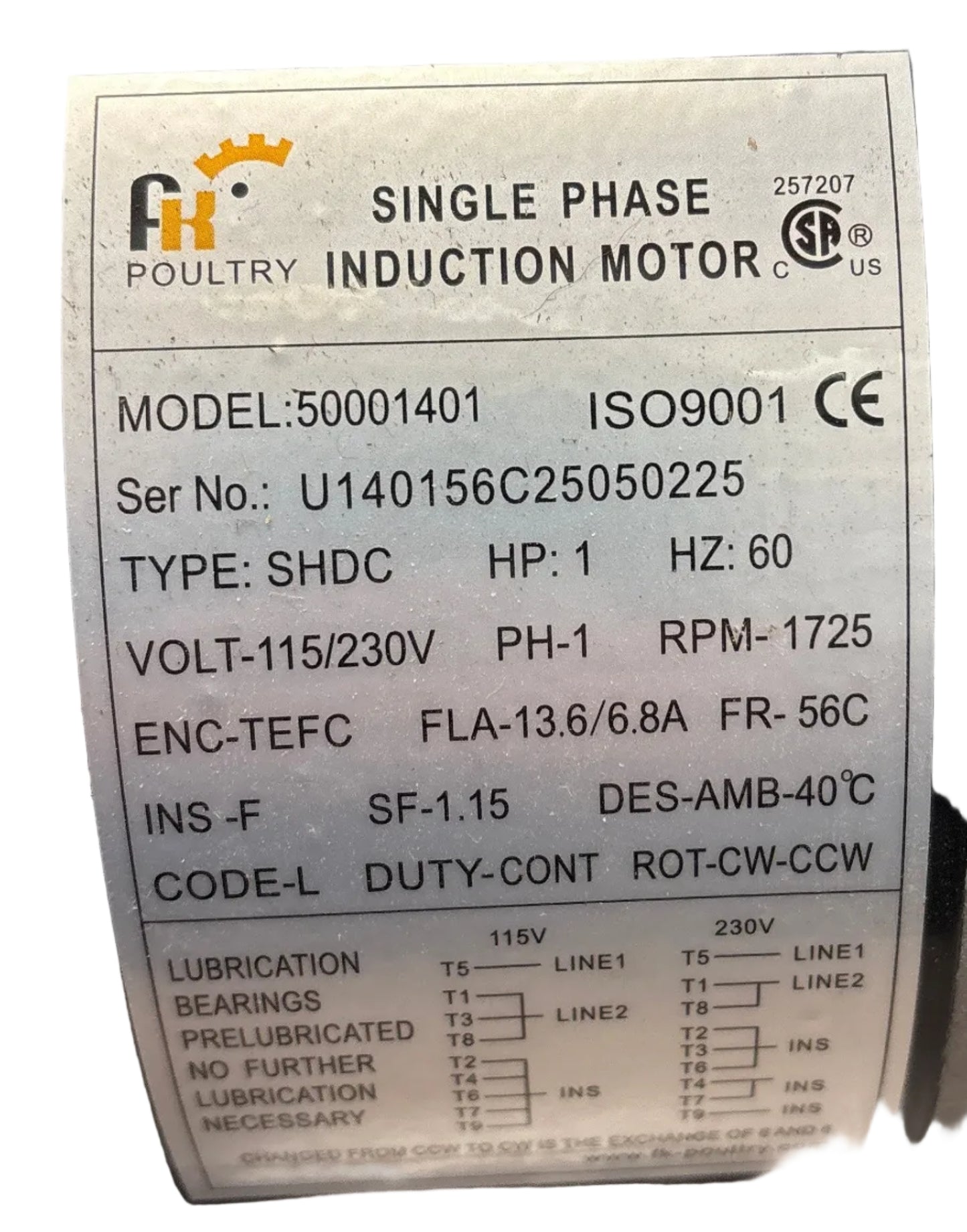 50001401 - 1HP  115/230V  13.6/6.8AMPS