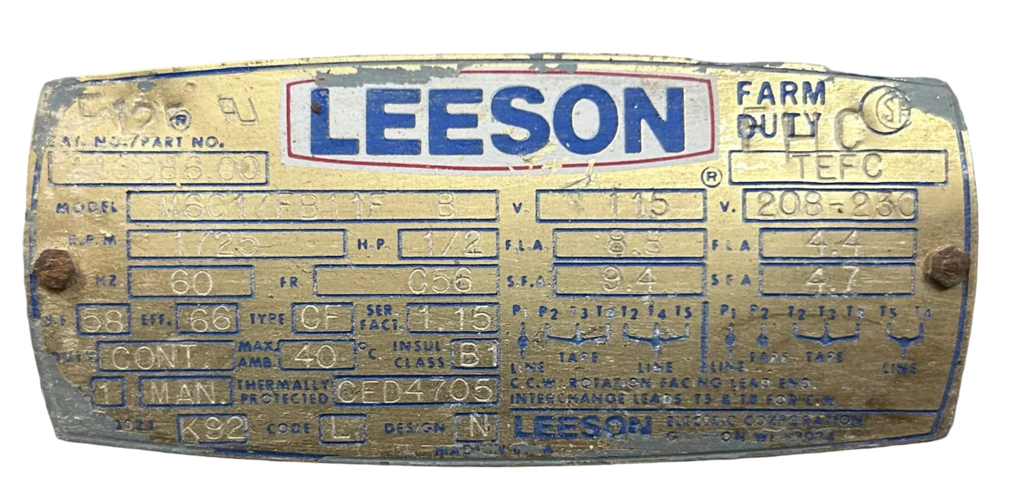 U318 - 1/2 HP 1725RPM 115/208-230V Leeson TEFC