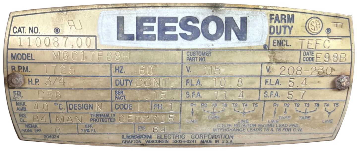 U368 - LEESON 3/4HP  115/208-230V  10.8/5.4AMPS
