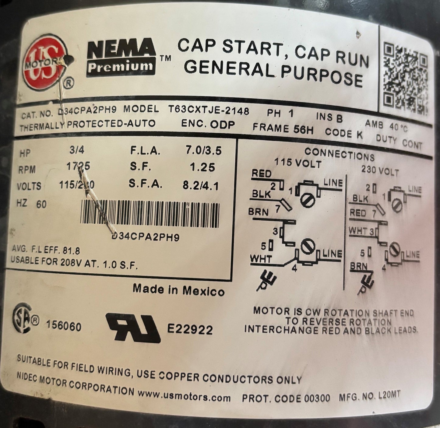 U375 - NEMA 3/4HP  115/240V  7.0/3.5AMPS