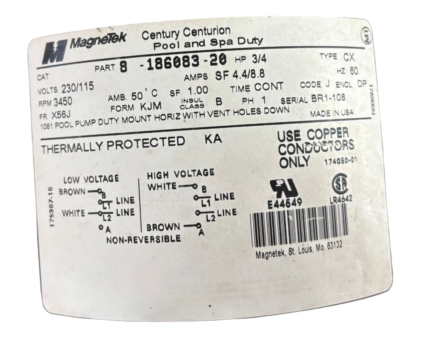 U382 - 3/4HP  230/115V  4.4/8.8AMPS
