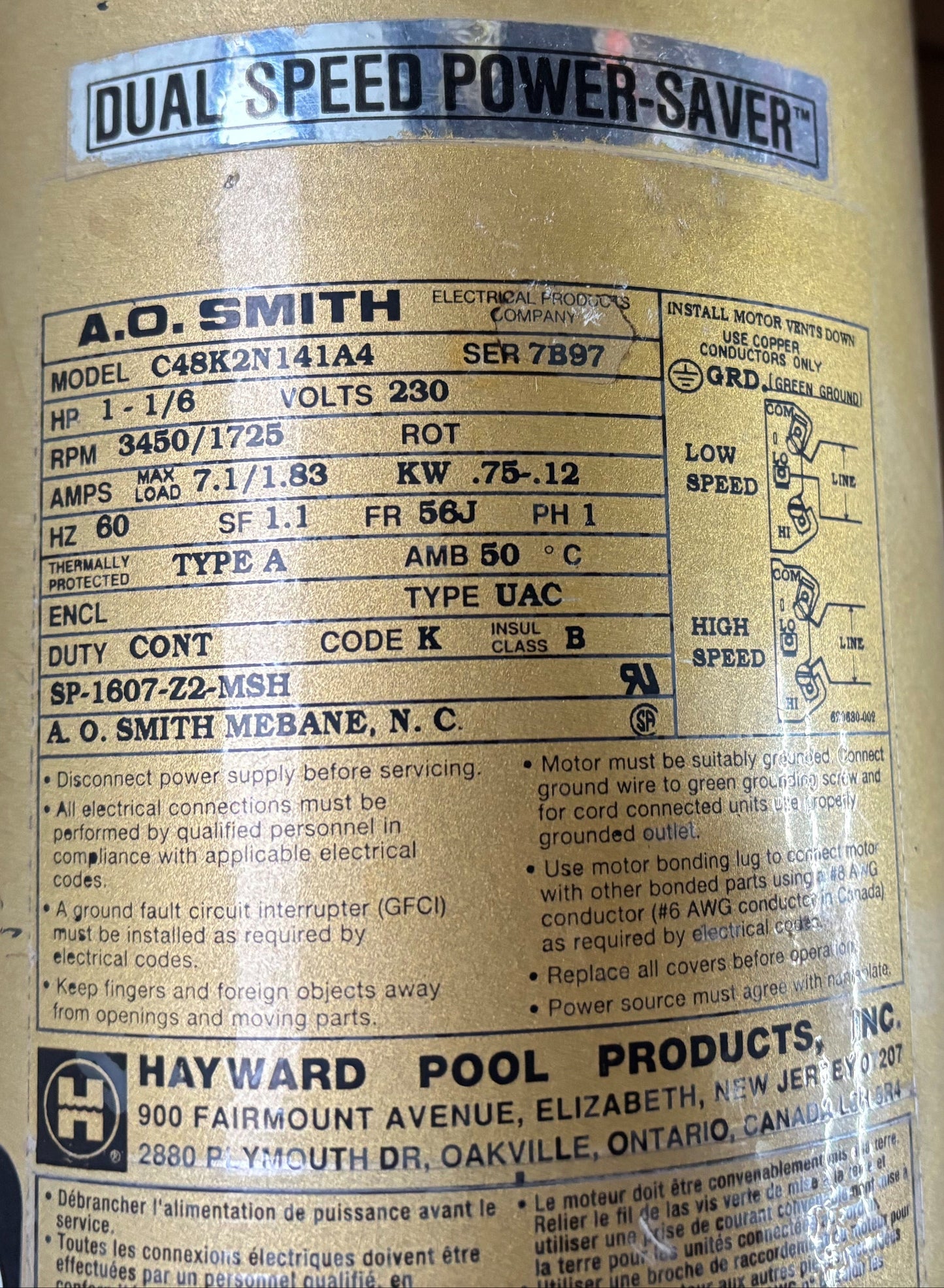 U383 - A.O. SMITH  1HP to 1/6HP  230V  7.1/1.83AMPS