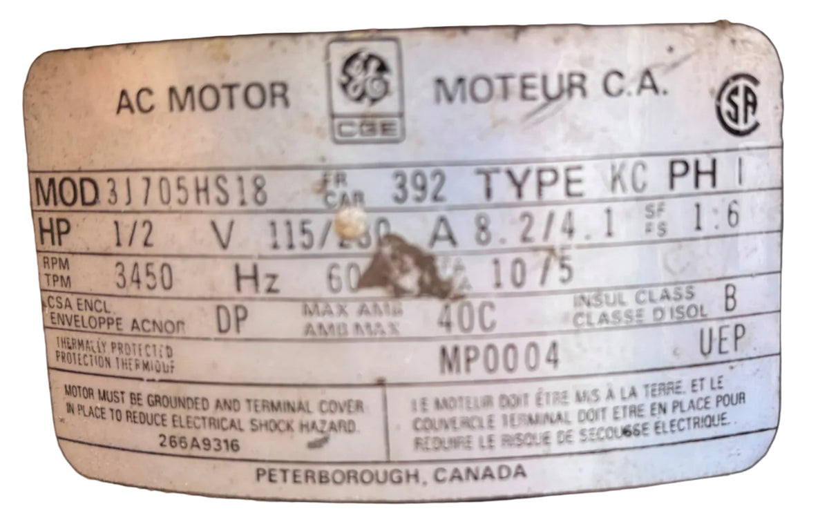 U405 - 1/2HP  115/230V  8.2/4.1AMPS