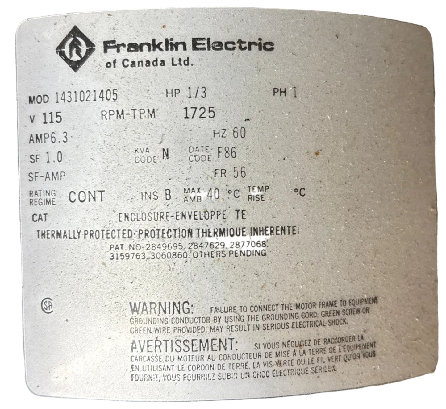 U416 - 1/3HP  115V  6.3AMPS