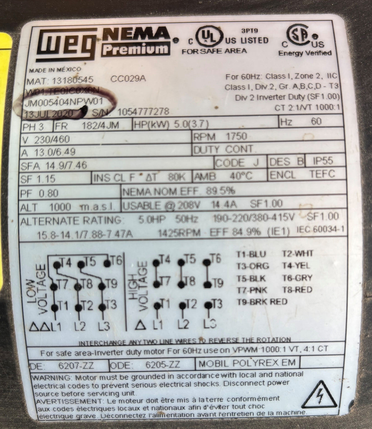 U443 - 5HP  230/460V  13.0/6.49AMPS  WEG NEMA