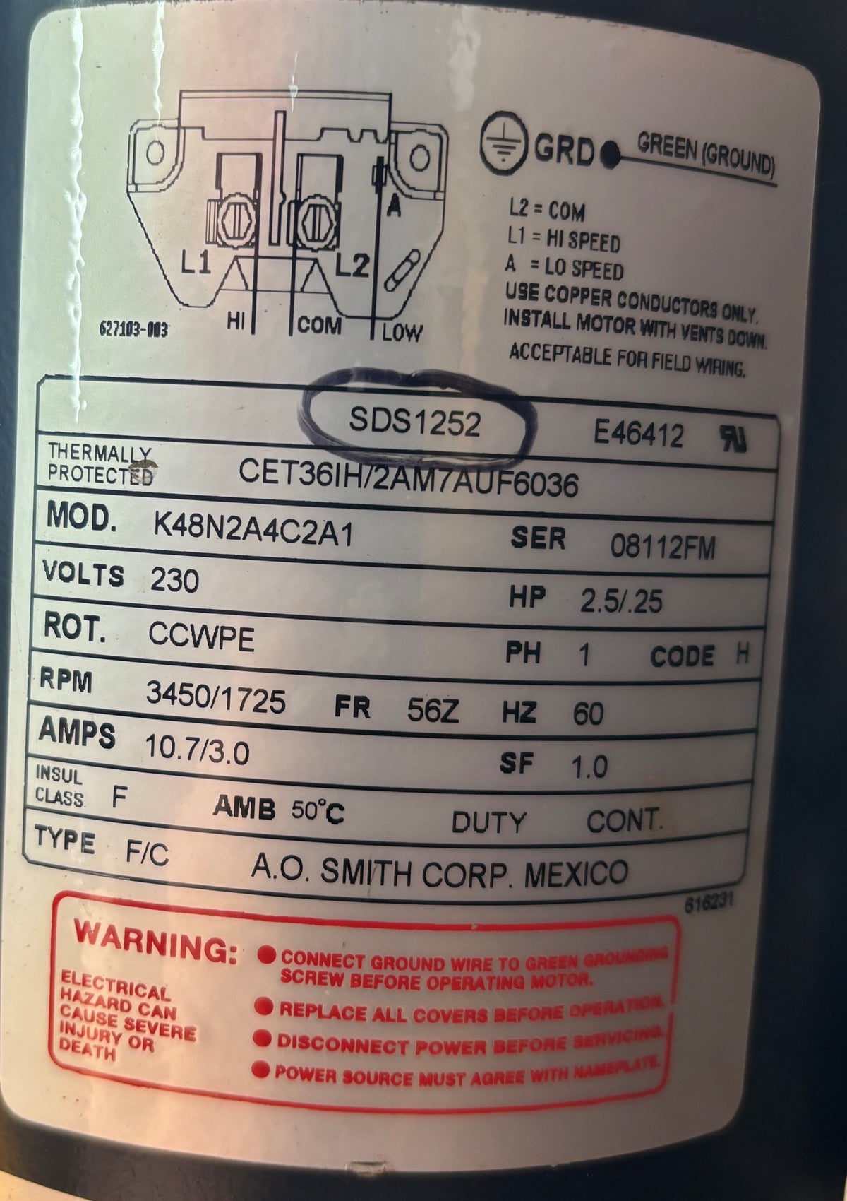 U444 - 2 1/2-1/4HP  230V  10.7/3.0AMPS  A.O. SMITH