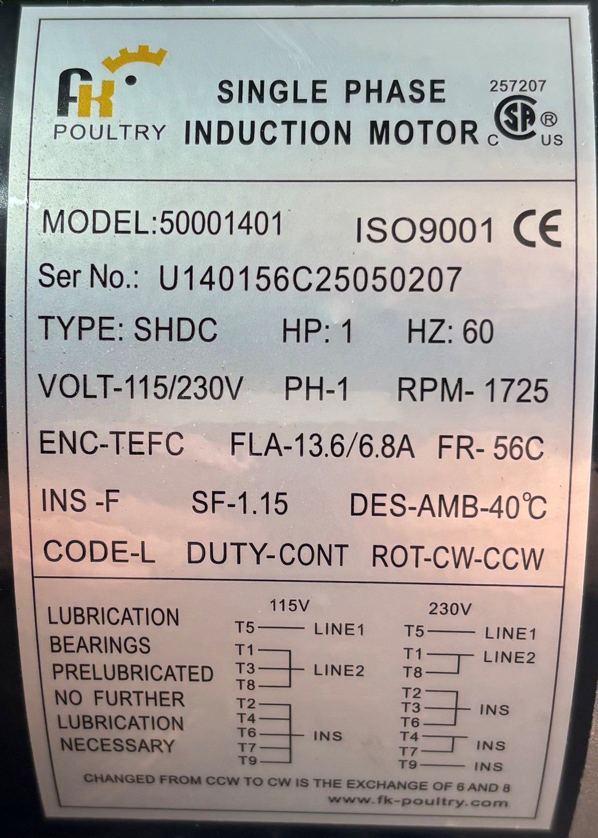 U445 - 1HP  115/230V  13.6/6.8AMP