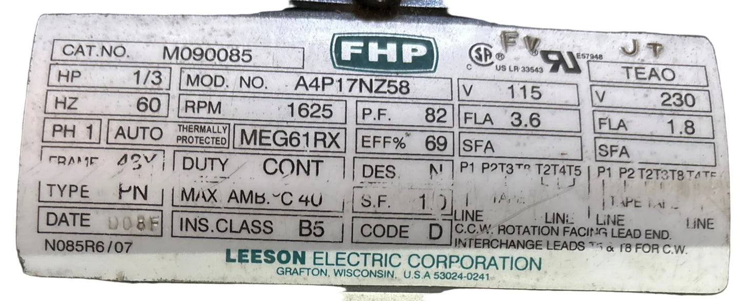 U388 - LEESON 1/3HP  115/230V  3.6/1.8AMPS