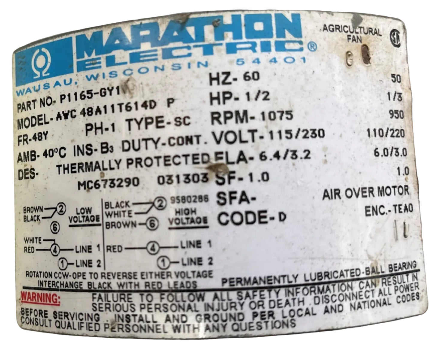 U394 - MARATHON  1/2HP  115/230V  6.4/3.2AMPS