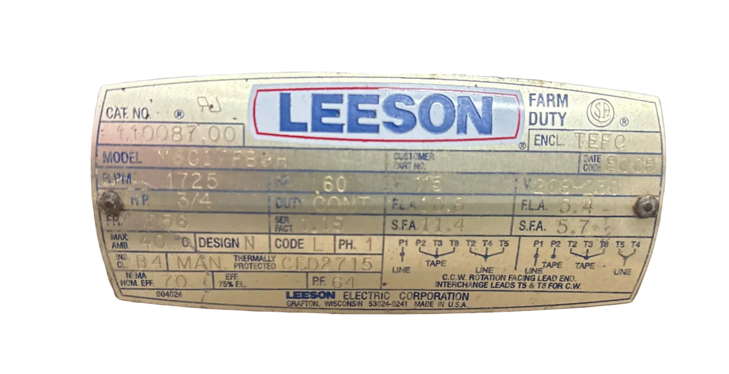 U402 - LEESON 3/4HP  115/208-230V  10.9/5.4AMPS