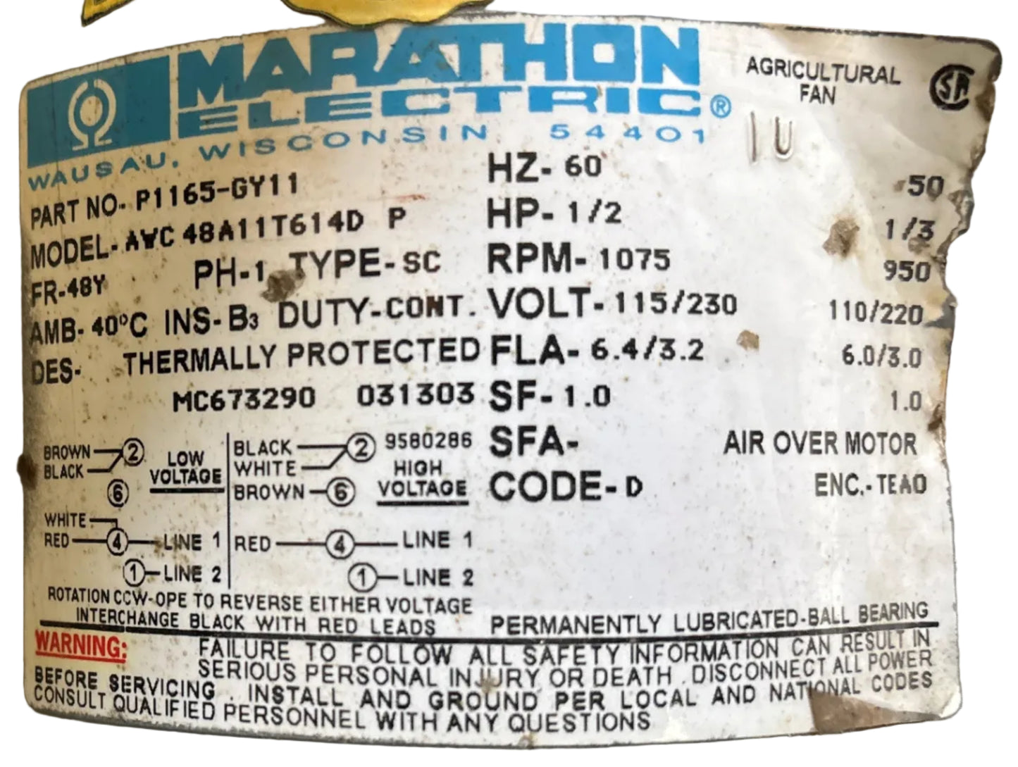 U404 - MARATHON  1/2HP  115/230V  6.4/3.2AMPS