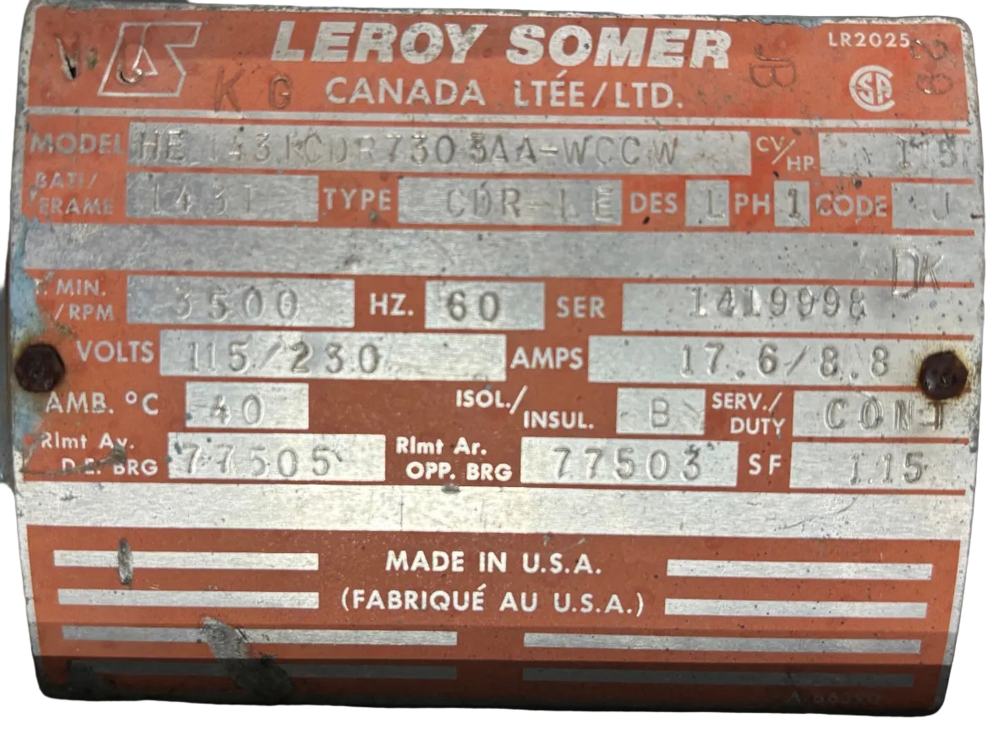 U366 - 1.5 HP  115/230 V  17.6/8.8 AMPS